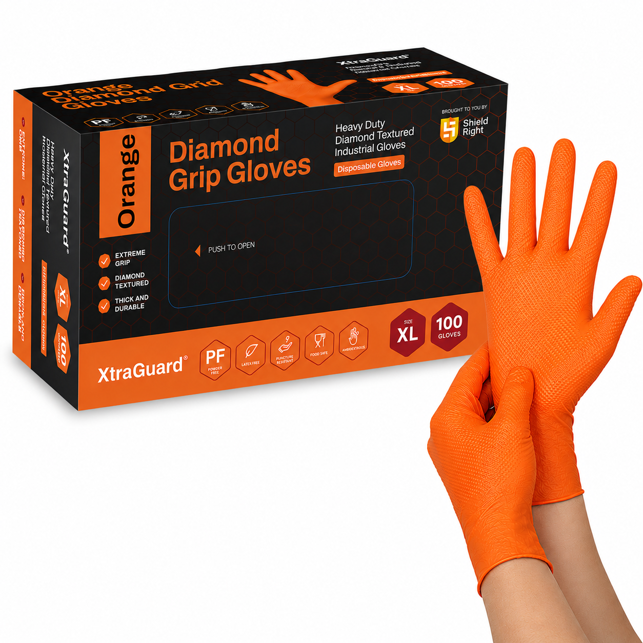 Shield Right XtraGuard Orange Diamond Grip Gloves – Ultra-Tough Heavy-Duty Nitrile Gloves (Box of 100)