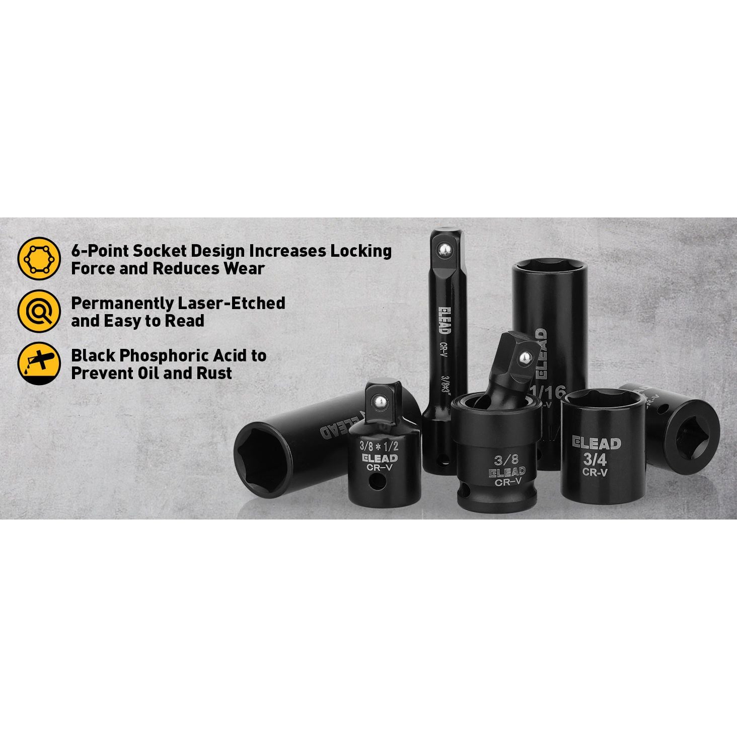 3/8'' Drive Impact Socket Set - 50-Piece Shallow & Deep Socket Set Metric and Standard Full with Universal Joint, Extension Bar, 1/2 to 3/8 Reducer, Hex Shank Socket Adapter, Ratchet Handle