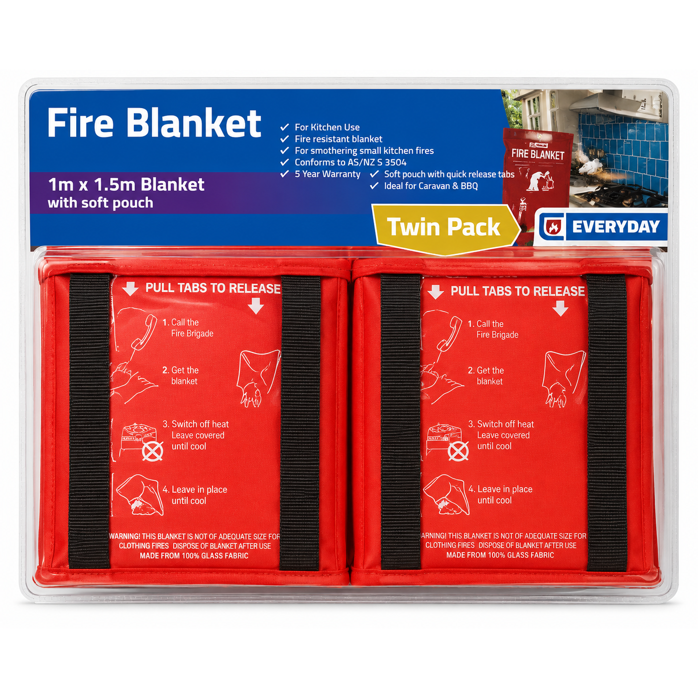 (Twin Pack) Everyday Fire Blanket Twin Pack 1m x 1.5m with Soft Pouch - South East Clearance Centre