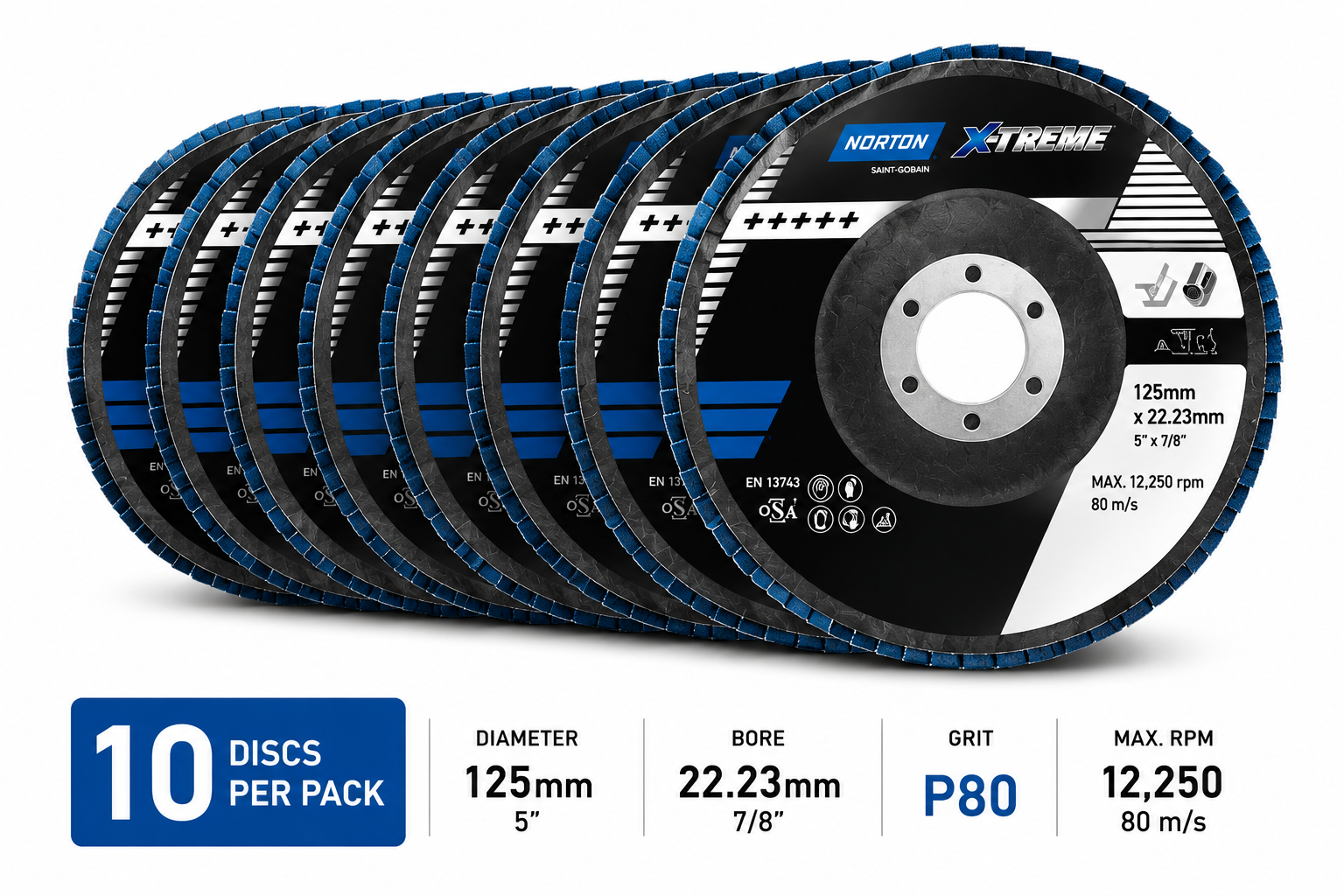 Norton X-Treme Flap Disc 125mm x 22.23mm P80 Grit - Pack of 10