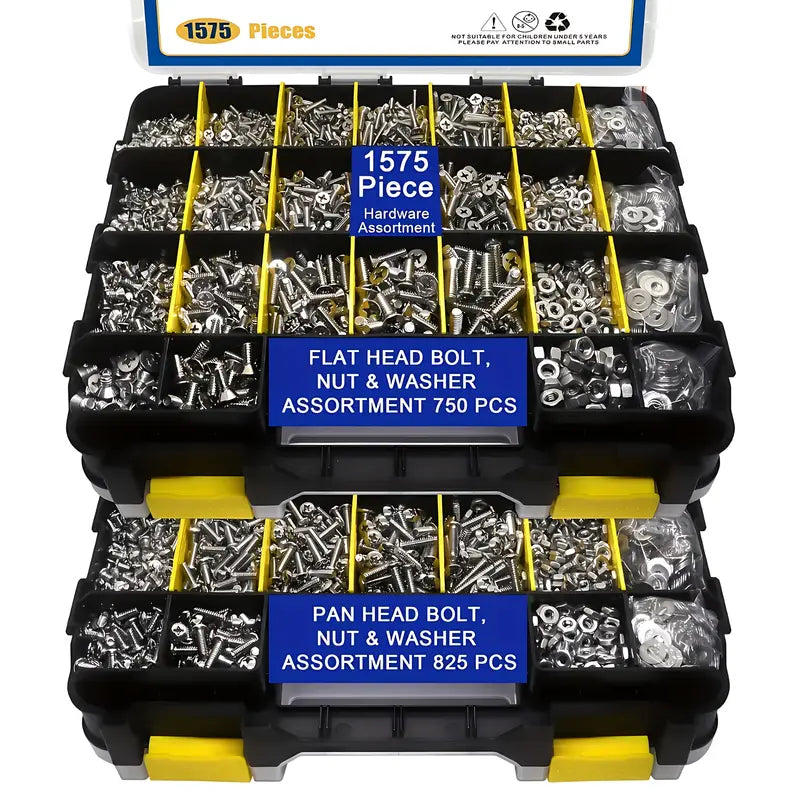 1575pc Stainless Steel Cross Flat Head Screw & Nut Assortment Set with Double-Sided Storage Box