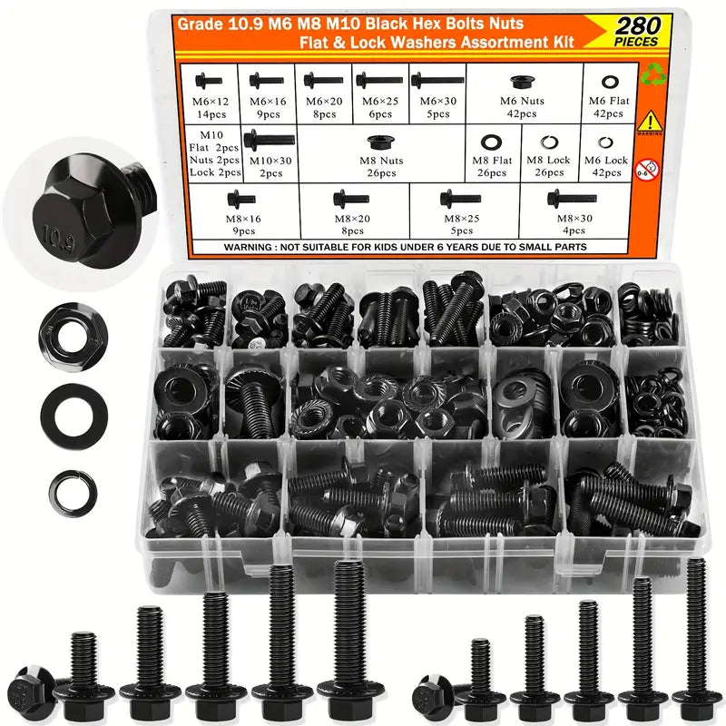 280-Piece Metric Flange Bolt Assortment Kit (M6 / M8 / M10 – 10.9 Grade Black) - South East Clearance Centre