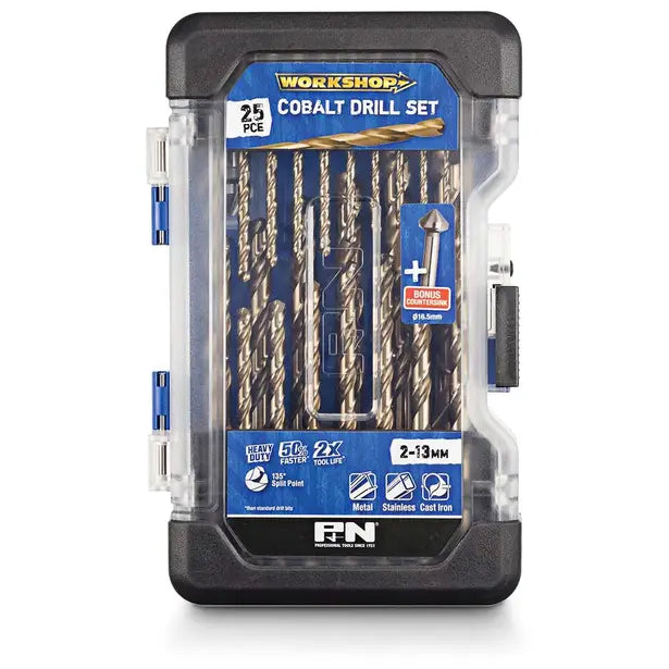 P&N WORKSHOP 2-13mm Metric HSS-Cobalt Jobber Drill Bit Set - 25 Piece + BONUS Countersink 149060006
