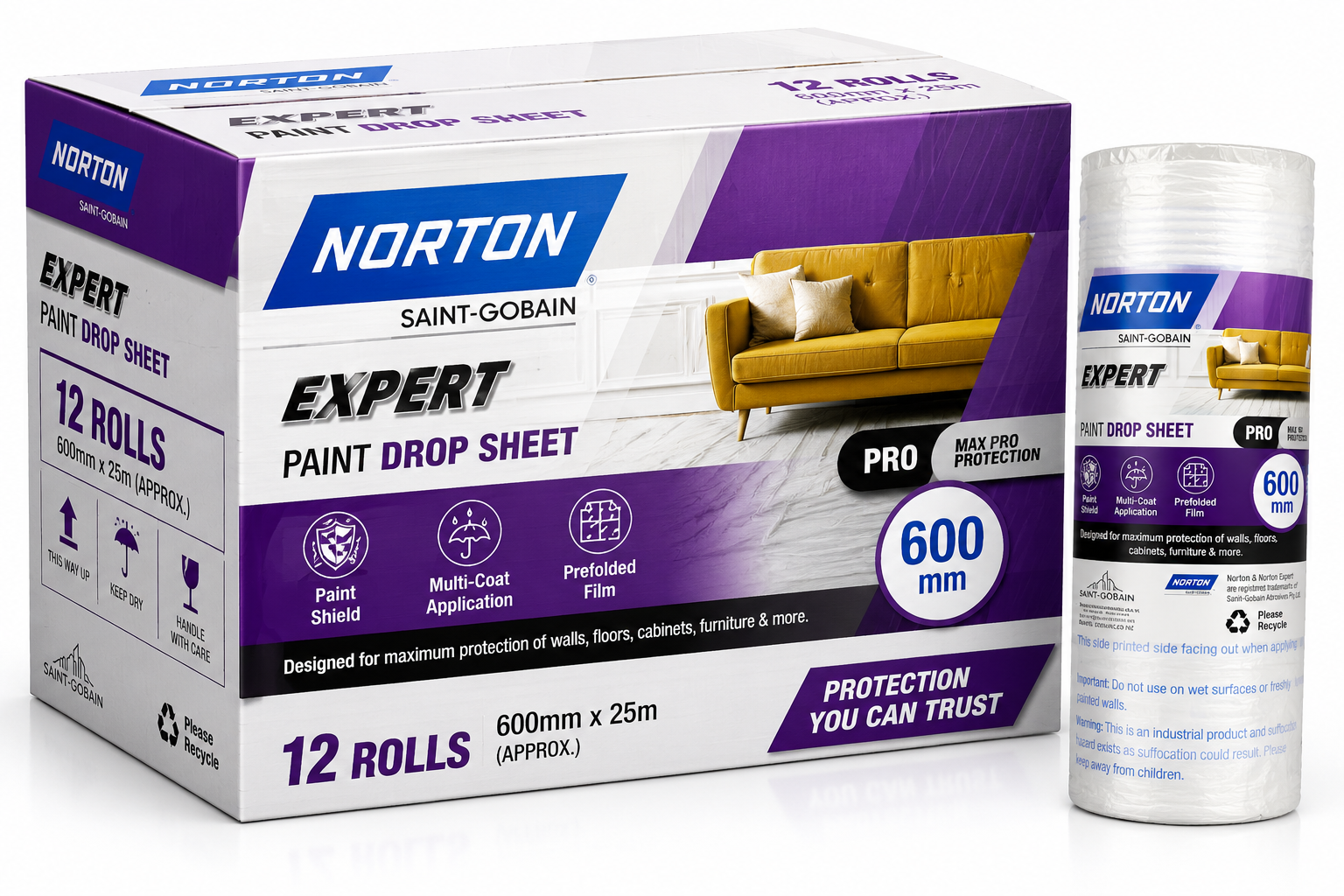 NORTON Painters Plastic Film 600mm x 55m Prefolded Drop Sheet Painting - Box of 12