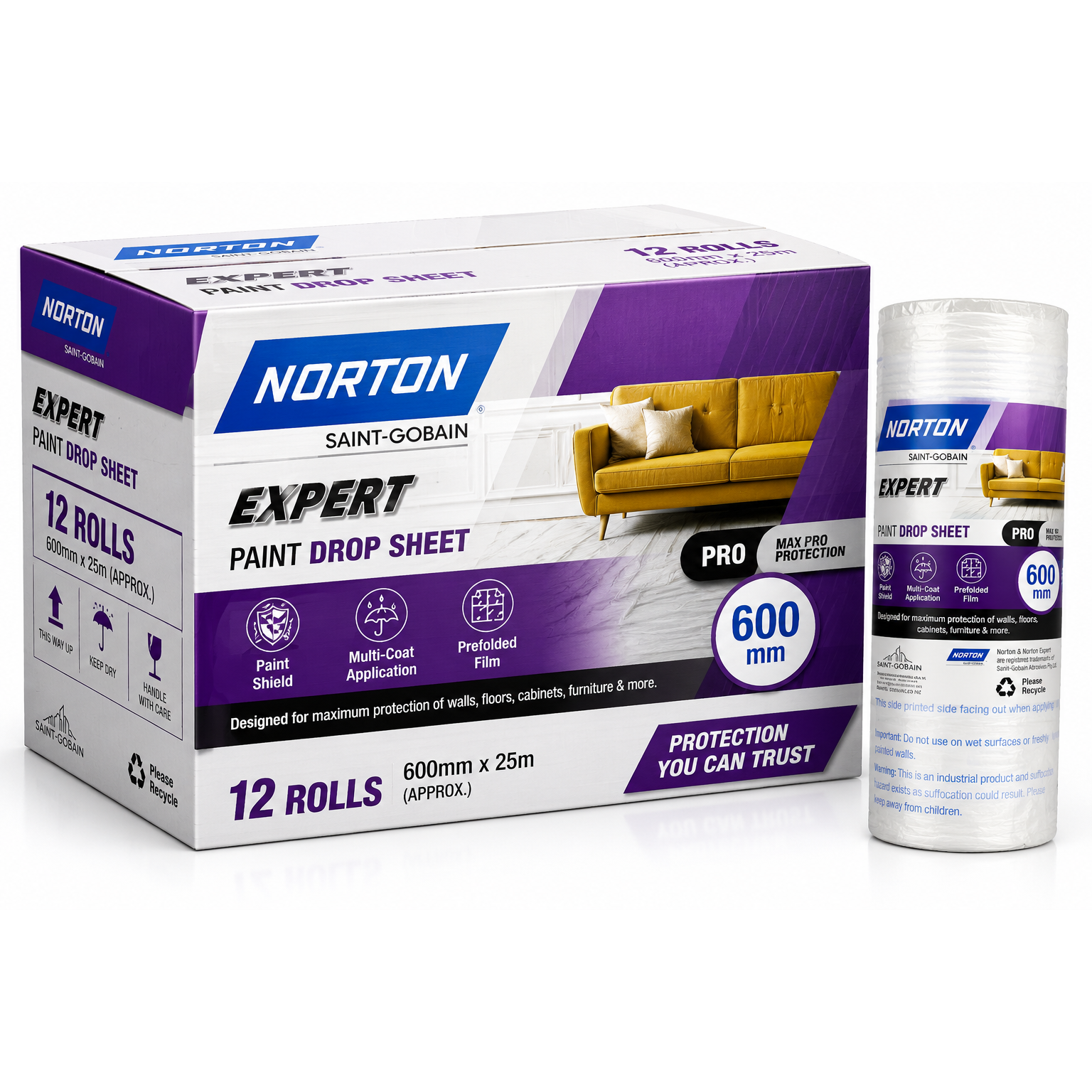 NORTON Painters Plastic Film 600mm x 55m Prefolded Drop Sheet Painting - (12 Rolls)