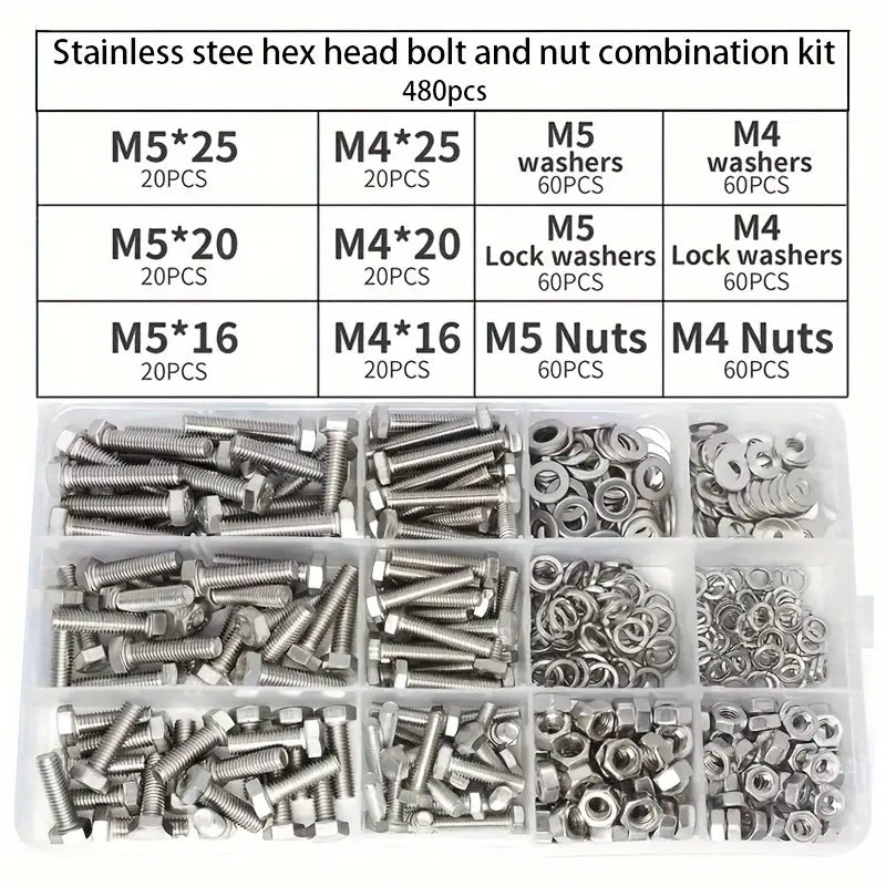 480 Piece Stainless Steel Fastener Kit, M4 & M5 Hex Head Screws, Bolts Assortment Kit - South East Clearance Centre