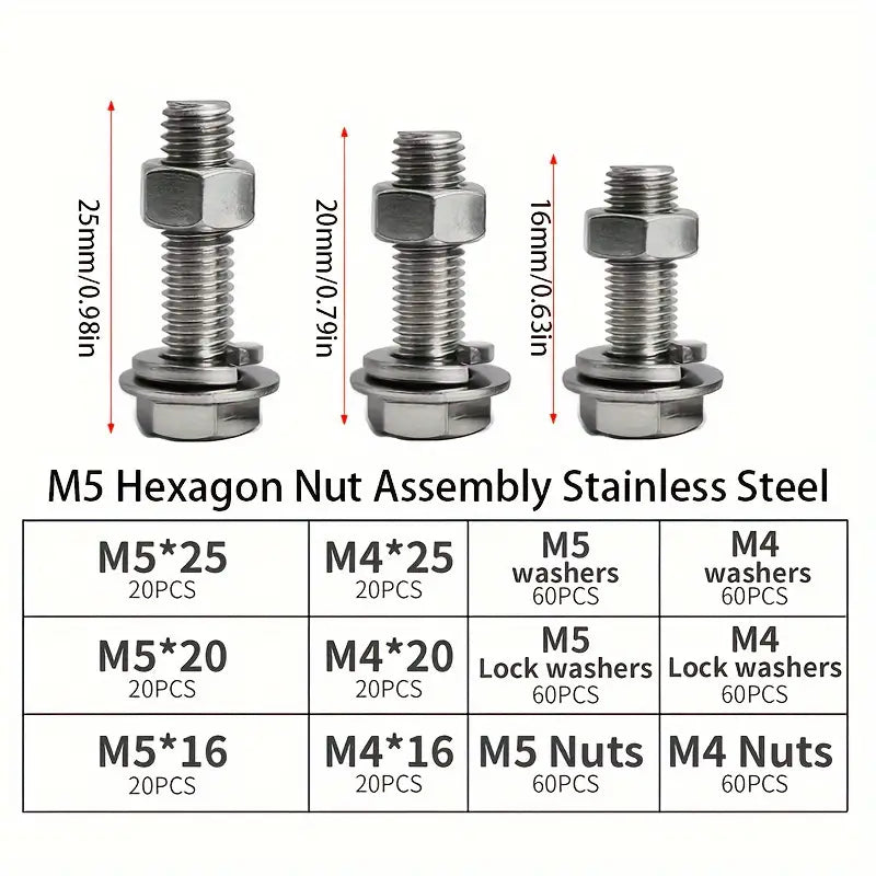 480 Piece Stainless Steel Fastener Kit, M4 & M5 Hex Head Screws, Bolts Assortment Kit - South East Clearance Centre