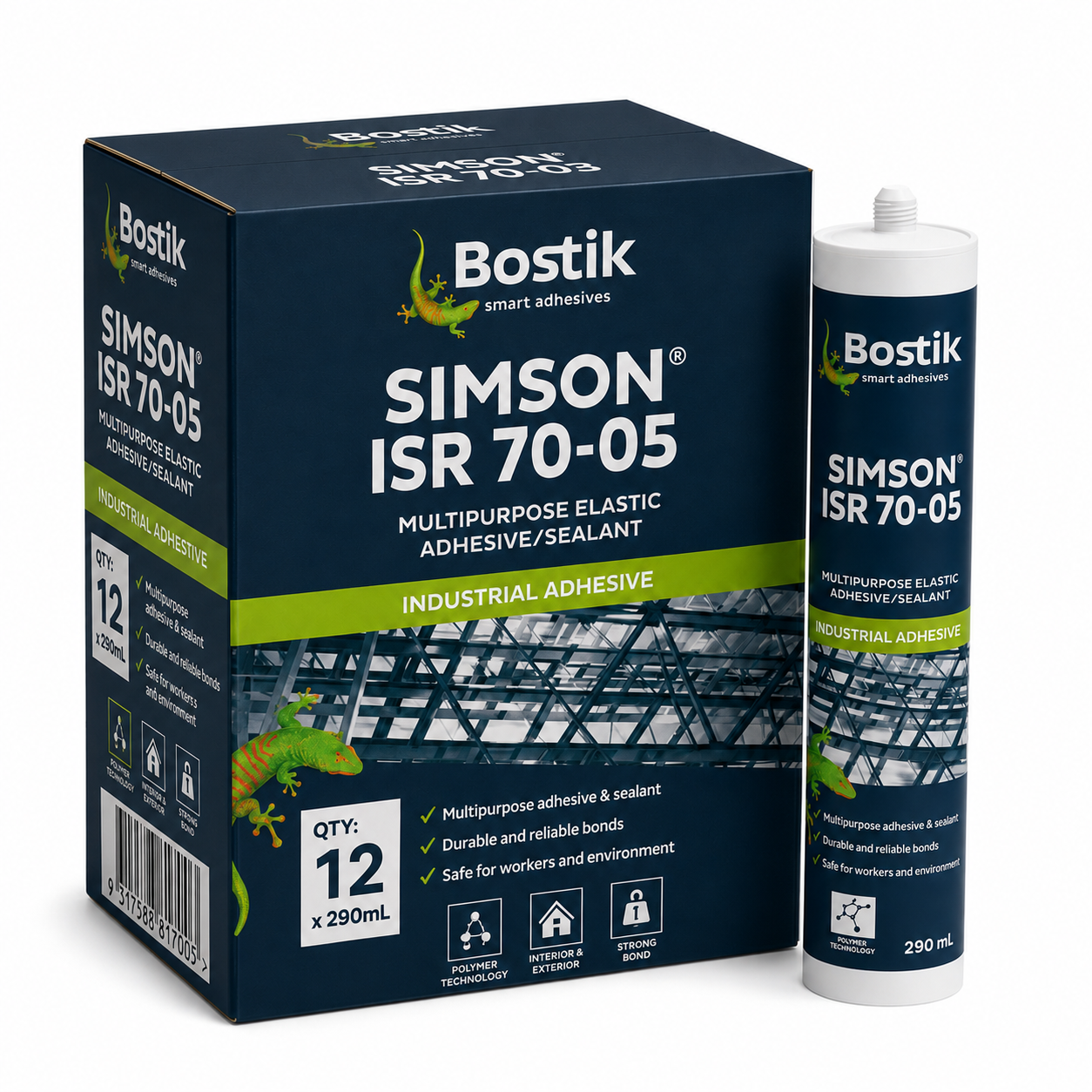(Box of 12) Bostik 30132150 290ml Simson ISR 70-05 Elastic Adhesive/ Sealant Cartridge - Grey (Past Date)