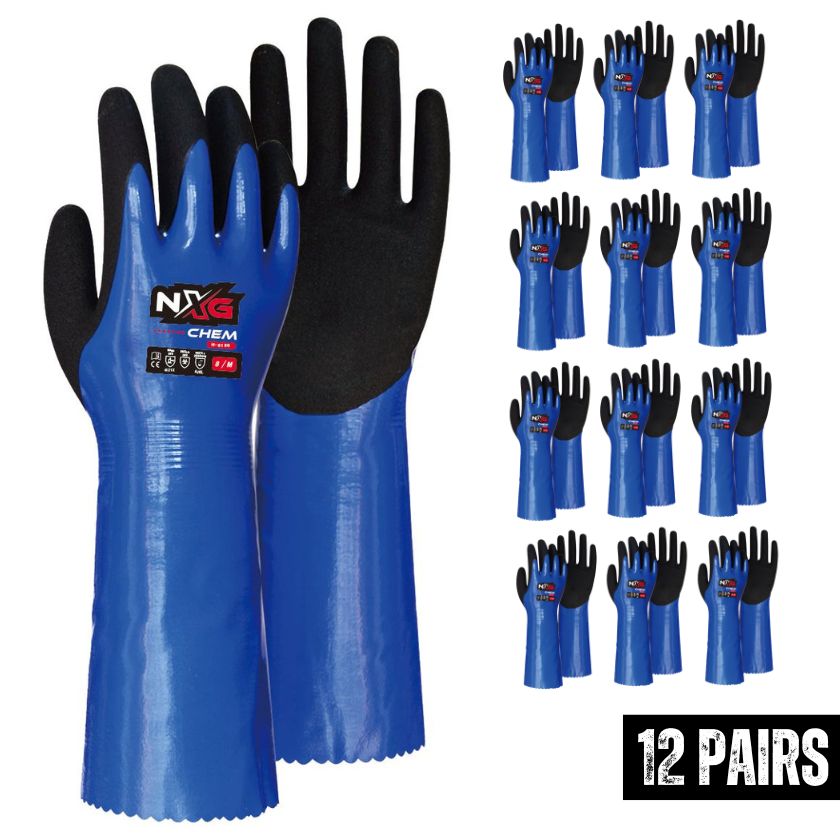 (12 Pairs) 8190-09 NXG CHEM Blue Nitrile, Nylon Abrasion Resistant, Chemical Resistant, Extra Grip Work Gloves, Nitrile Coating - South East Clearance Centre