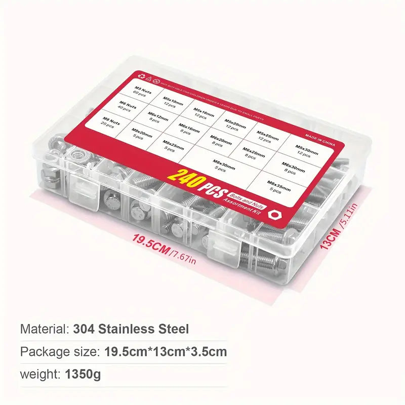 240 Piece Stainless Steel Hex Flange Bolt Trim & Nut Set Assortment Kit - South East Clearance Centre