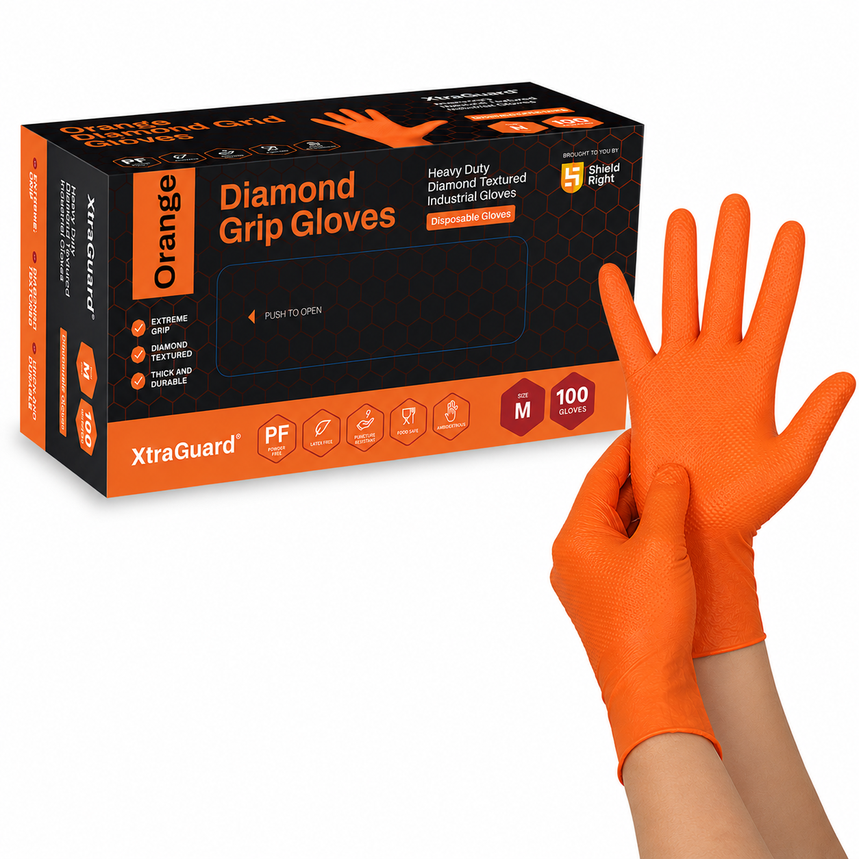 Shield Right XtraGuard Orange Diamond Grip Gloves – Ultra-Tough Heavy-Duty Nitrile Gloves (Box of 100)