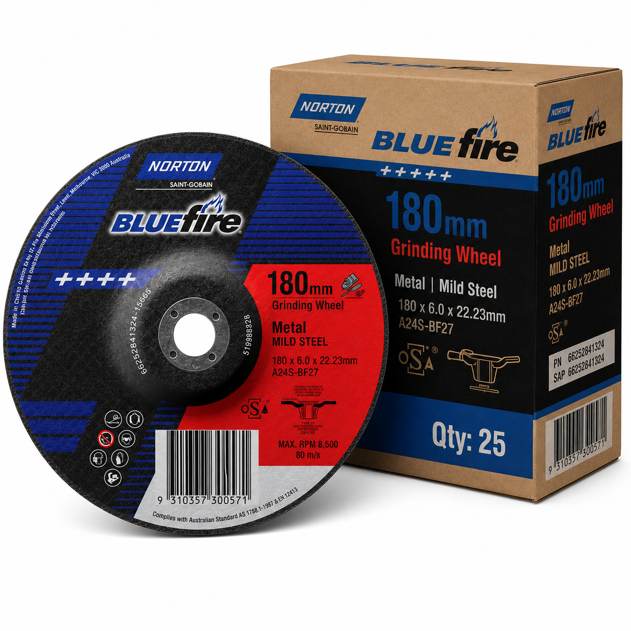 (25 Pack) Norton BLUEfire 180mm Metal Grinding Wheels – 180 x 6.0 x 22.23mm A24S BF27 for Mild Steel