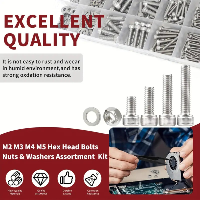 918-Piece Stainless Steel Nuts & Bolts Assortment Kit – M2, M3, M4, M5 Hex Head 304 Grade with Nuts & Washers - South East Clearance Centre