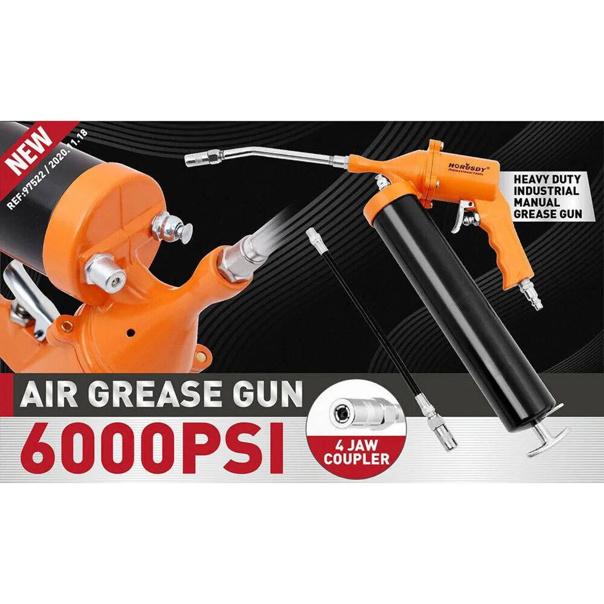 1/4" NPT Air Grease Gun Pneumatic 2400-6000PS Flexible Hose Extension Included - South East Clearance Centre