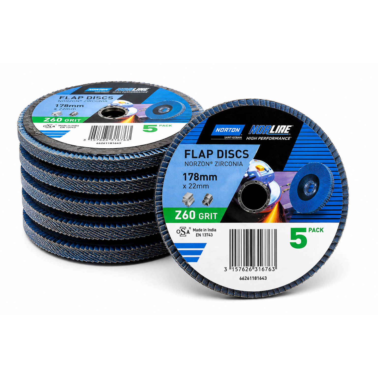 Norton Norline Zirconia Flap Disc 178mm x 22mm Z60 Grit - (5 Pack)