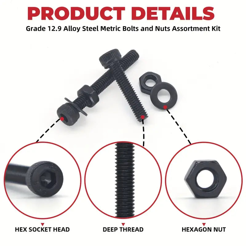 1260 Piece Carbon Steel Metric Bolts and Nuts Kit, Grade 12.9 Hex Socket Head Cap Screws, Hexagonal Nut Assortment with Flat & Lock Washers Assortment Kit - South East Clearance Centre