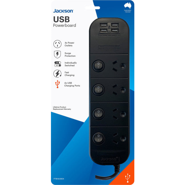 JACKSON PT1814USB3A 4 OUTLET SWITCHED POWERBOARD - South East Clearance Centre
