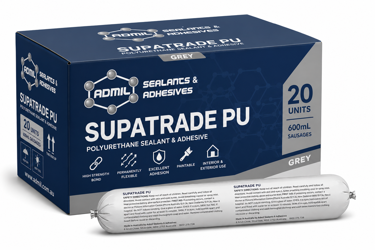 Admil SUPATRADE 104023 PU Polyurethane Sealant & Adhesive 600ml Sausage – Box of 20 (GREY)