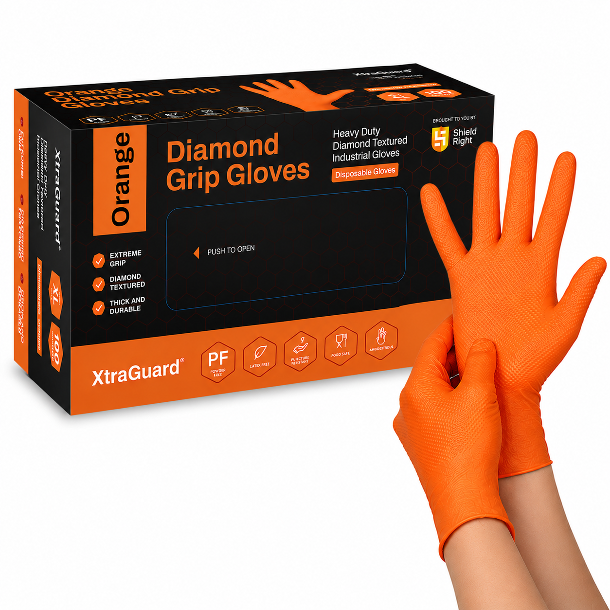 Shield Right XtraGuard Orange Diamond Grip Gloves – Ultra-Tough Heavy-Duty Nitrile Gloves (Box of 100)