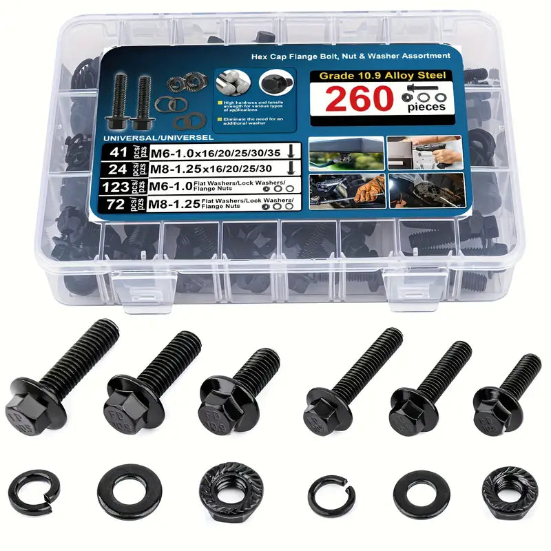 260 Piece High Strength Black Carbon Steel Flanged Hex Head Screw & Bolt Assortment Kit, M6-M8 - South East Clearance Centre