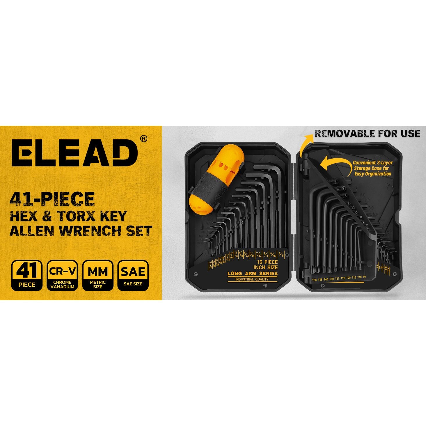 41-Piece Hex and Torx Key Set, Allen Key Set with Torque Handle, Standard SAE(0.028"-3/8") & Metric(0.7mm-10mm) & Torx(T9-T50) in Storage Case, Heat Treated Chrome Vanadium Steel