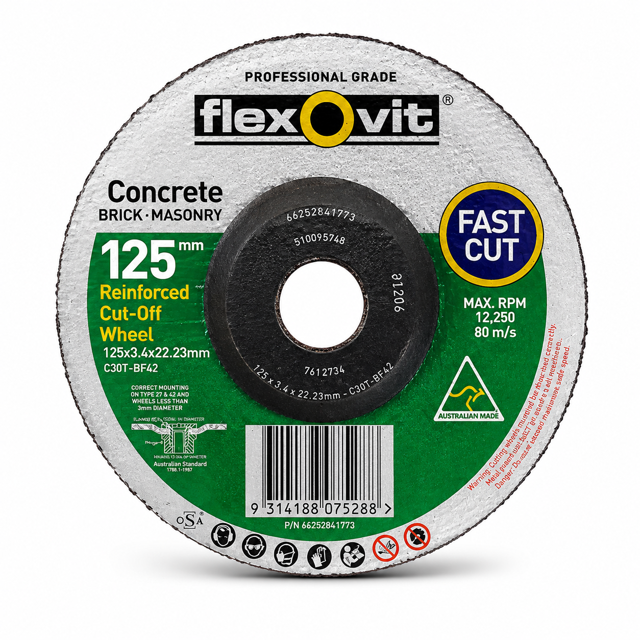Flexovit 125mm Reinforced Masonry Cut-Off Wheel 125 x 3.4 x 22.23mm – Box of 100