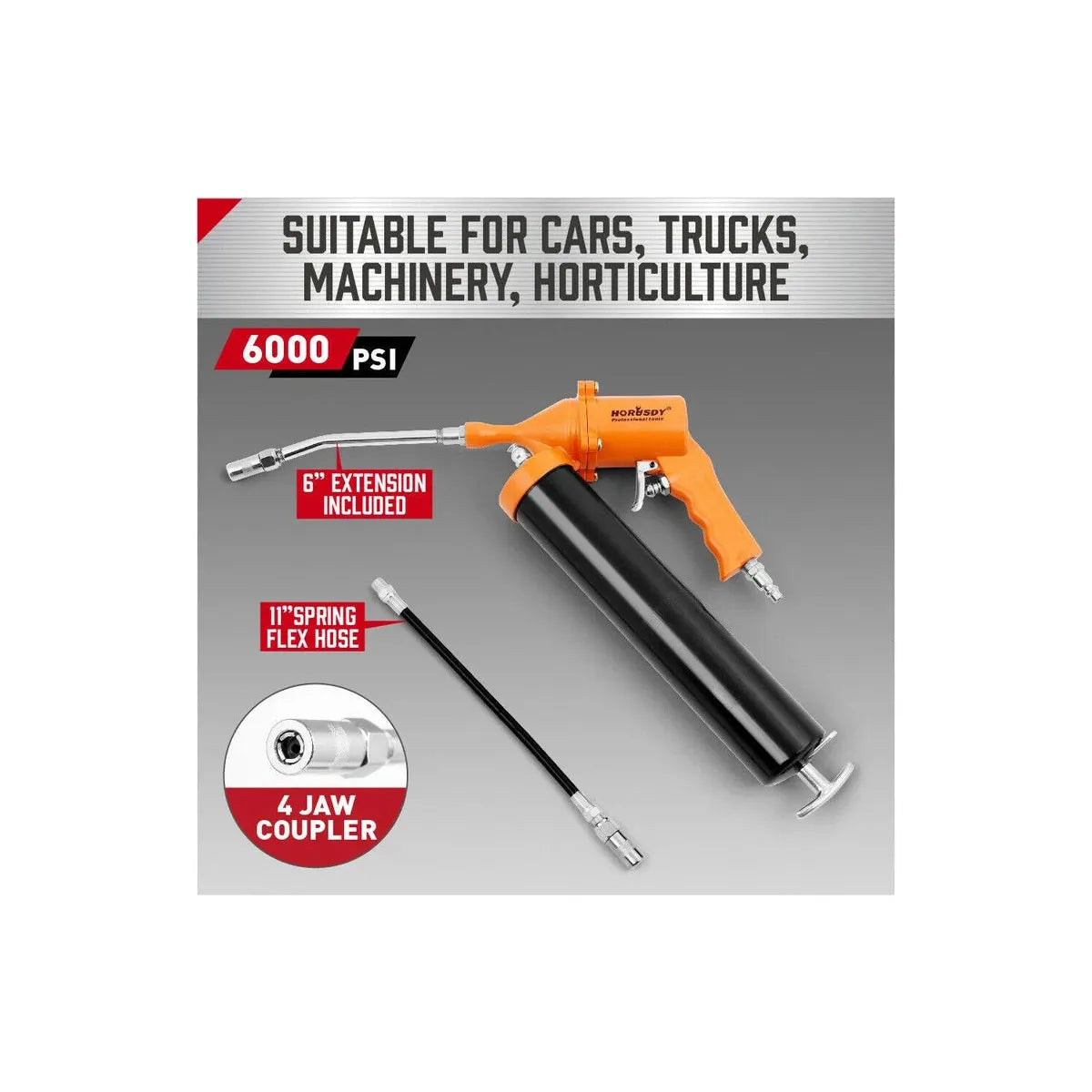 1/4" NPT Air Grease Gun Pneumatic 2400-6000PS Flexible Hose Extension Included - South East Clearance Centre