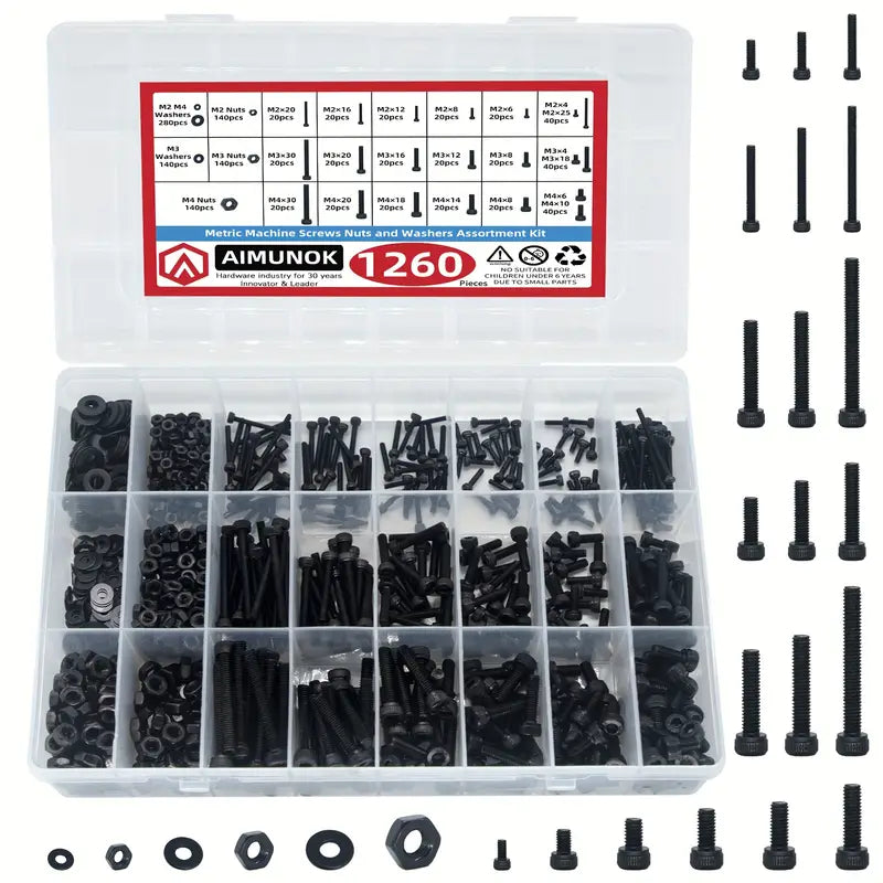 1260 Piece Carbon Steel Metric Bolts and Nuts Kit, Grade 12.9 Hex Socket Head Cap Screws, Hexagonal Nut Assortment with Flat & Lock Washers Assortment Kit - South East Clearance Centre