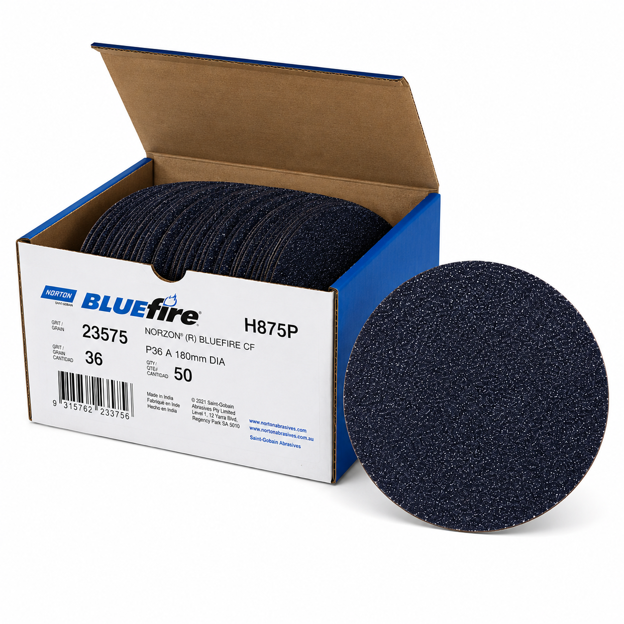 Norton BLUEfire H875P 180mm P36 Fibre Discs – Box of 50