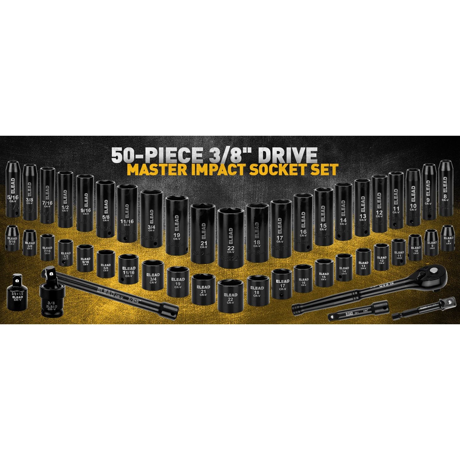 3/8'' Drive Impact Socket Set - 50-Piece Shallow & Deep Socket Set Metric and Standard Full with Universal Joint, Extension Bar, 1/2 to 3/8 Reducer, Hex Shank Socket Adapter, Ratchet Handle