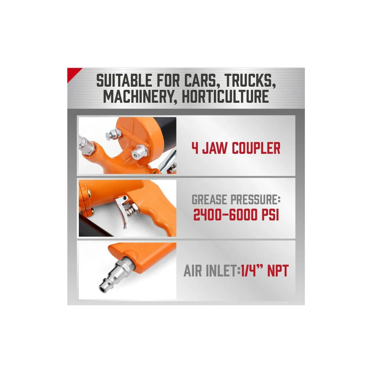 1/4" NPT Air Grease Gun Pneumatic 2400-6000PS Flexible Hose Extension Included - South East Clearance Centre