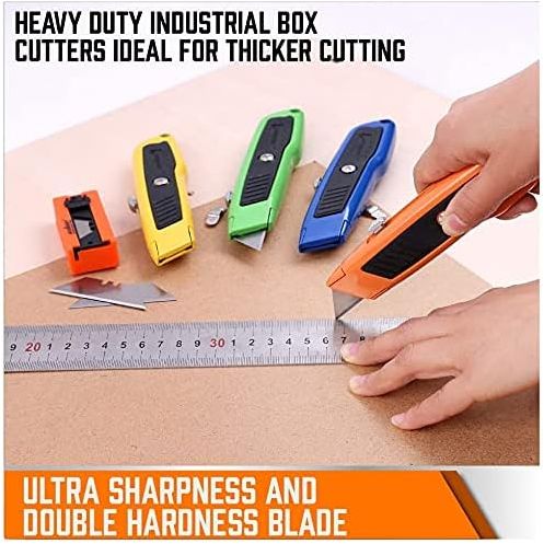 4-Pack Utility Knife Box Cutter, SK5 Heavy Duty Aluminum Shell Retractable Box Cutter for Cardboard, Boxes and Cartons, Extra 10 Blades.