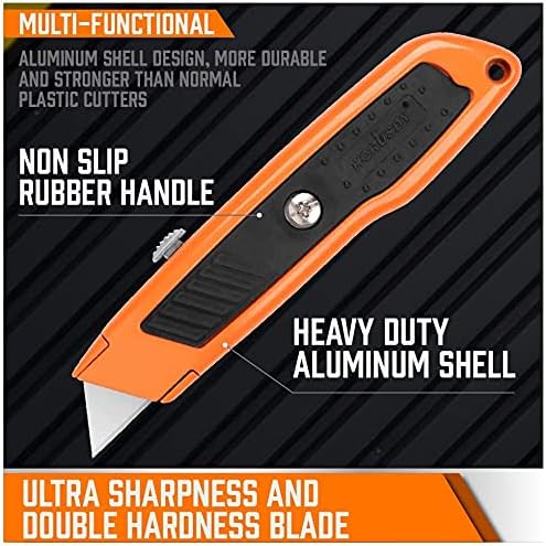 4-Pack Utility Knife Box Cutter, SK5 Heavy Duty Aluminum Shell Retractable Box Cutter for Cardboard, Boxes and Cartons, Extra 10 Blades.