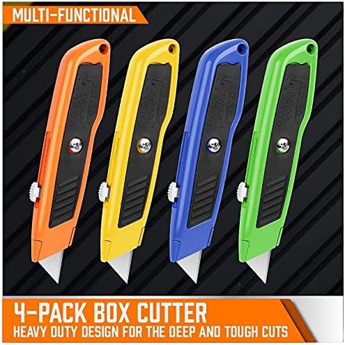 4-Pack Utility Knife Box Cutter, SK5 Heavy Duty Aluminum Shell Retractable Box Cutter for Cardboard, Boxes and Cartons, Extra 10 Blades.
