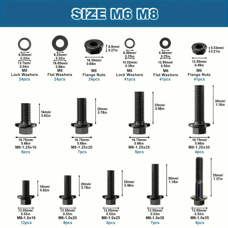 260 Piece High Strength Black Carbon Steel Flanged Hex Head Screw & Bolt Assortment Kit, M6-M8 - South East Clearance Centre