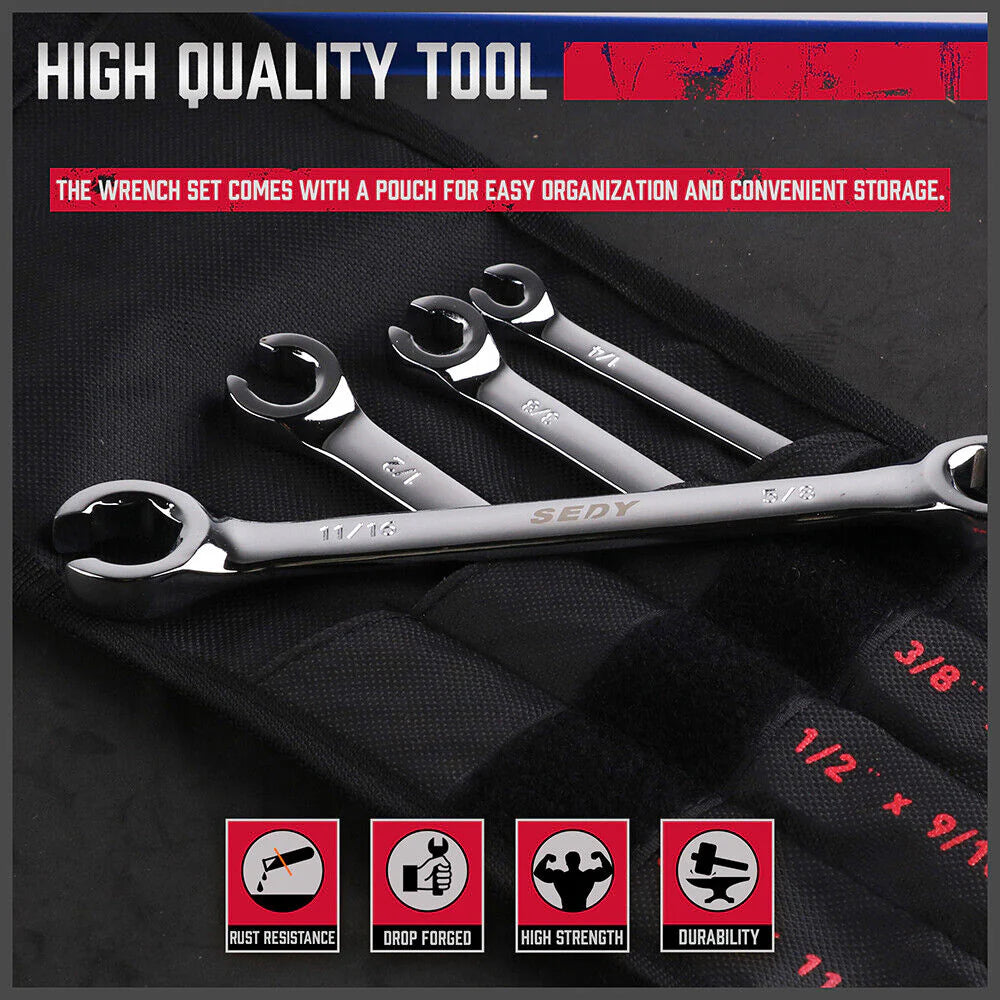 4 Piece Imperial Flare Nut Tubing Wrench Set, SAE Imperial, Offset Head - South East Clearance Centre
