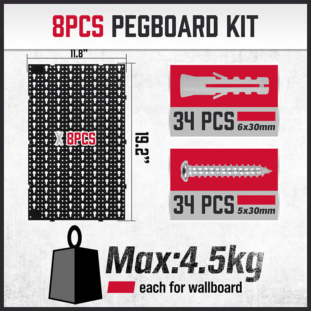 8-Piece Heavy Duty Pegboard Organizer Kit - Versatile Wall Storage Solution - South East Clearance Centre