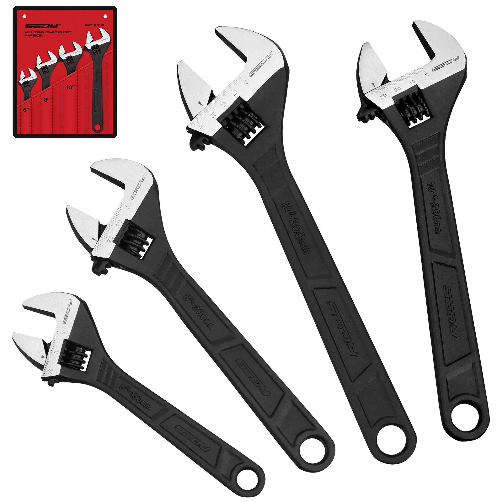 4-Piece Adjustable Wrench Set - Imperial & Metric, 6", 8", 10", 12" - South East Clearance Centre