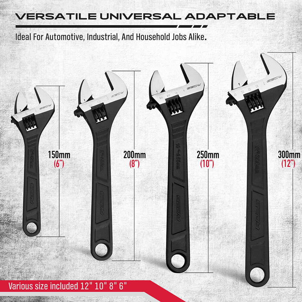 4-Piece Adjustable Wrench Set - Imperial & Metric, 6", 8", 10", 12" - South East Clearance Centre