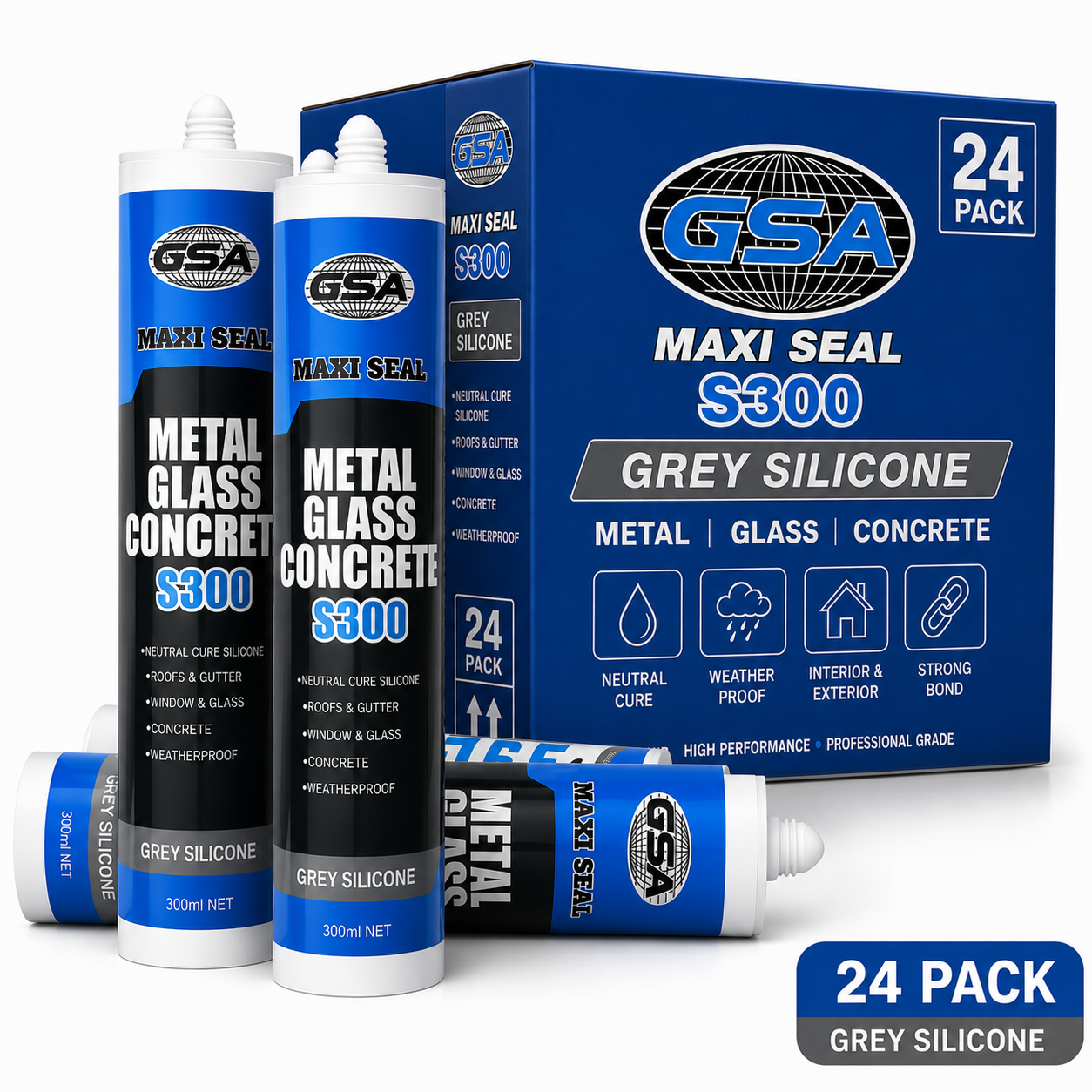 GSA S300 Trade Silicone Neutral Cure S300 Metal Glass Concrete, Roof & Gutter | GREY (Box of 24)