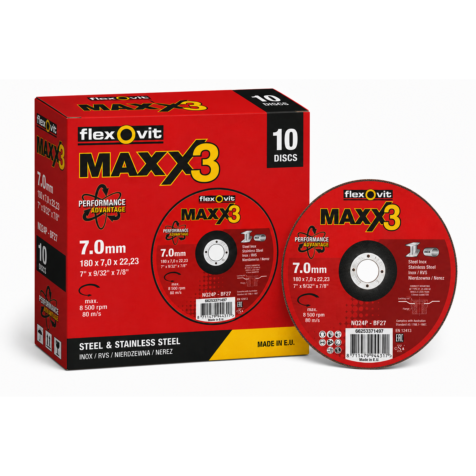 Flexovit MAXX3 180mm (7") Ceramic Grinding Wheel – Type 27 – Steel & Stainless Inox – Pack of 10