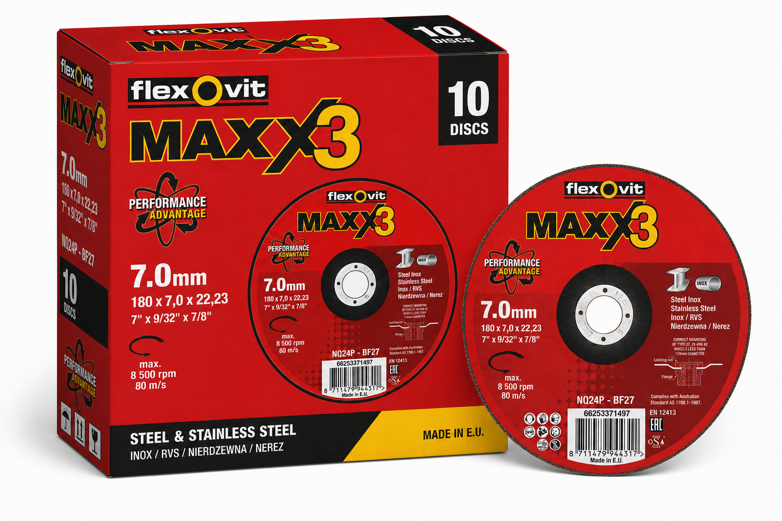 Flexovit MAXX3 180mm (7") Ceramic Grinding Wheel – Type 27 – Steel & Stainless Inox – Pack of 10