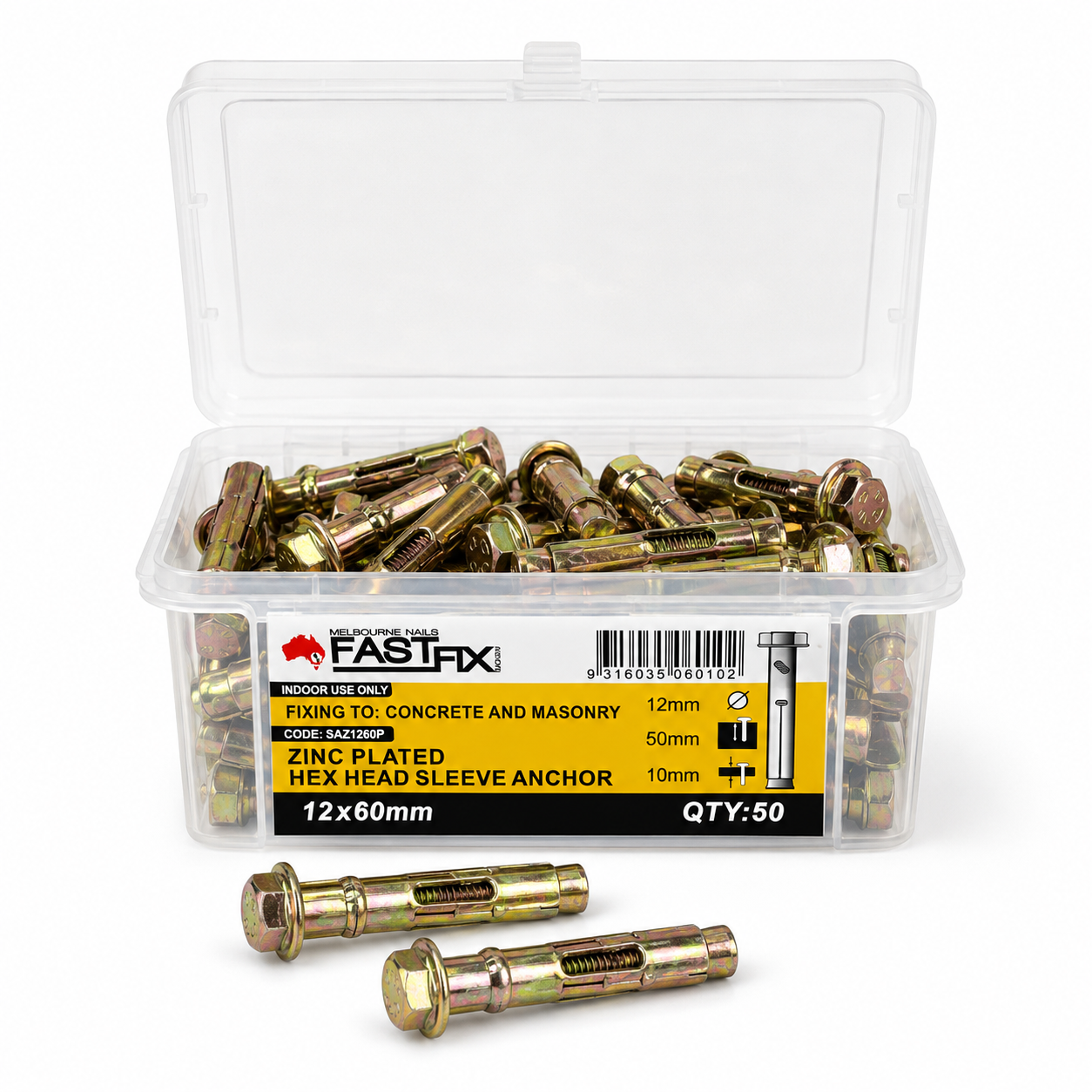 FASTFIX 12 x 60mm Zinc Plated Hex Head Sleeve Anchors – Pack of 50