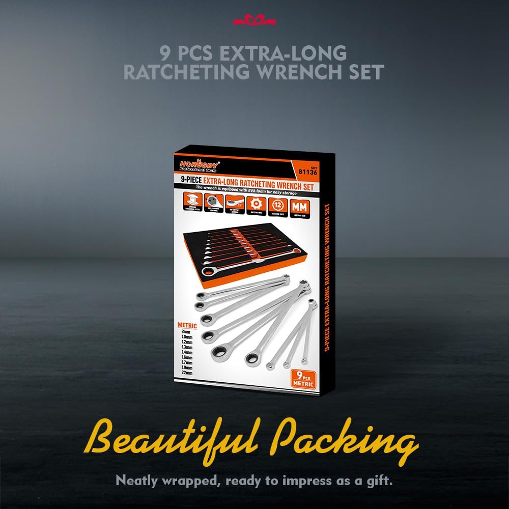 9-Piece Extra Long Ratchet Spanner Set, Double Ring Ratcheting Spanners, Metric 8-22MM Spanner Set CRV with Storage Foam for Tool Box Chest Drawer - South East Clearance Centre