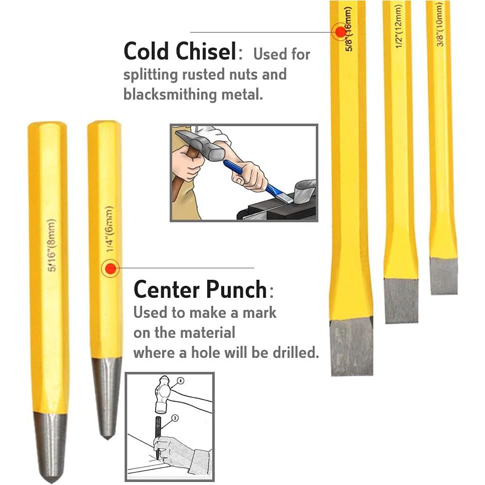 12-Piece Chisel & Punch Set with Carrying Tray | Pin punch | Taper punch | Cold Chisel | Center Chisel - South East Clearance Centre