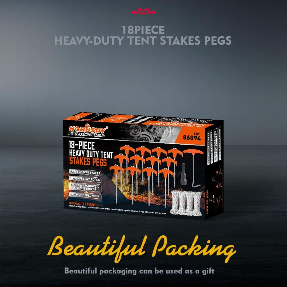 18-Pack Tent Stake Set, Heavy Duty Screw in Tent Pegs, Tent Stakes with 4X 13ft Rope & 1x Stopper T Pull Hook and Nut Driver