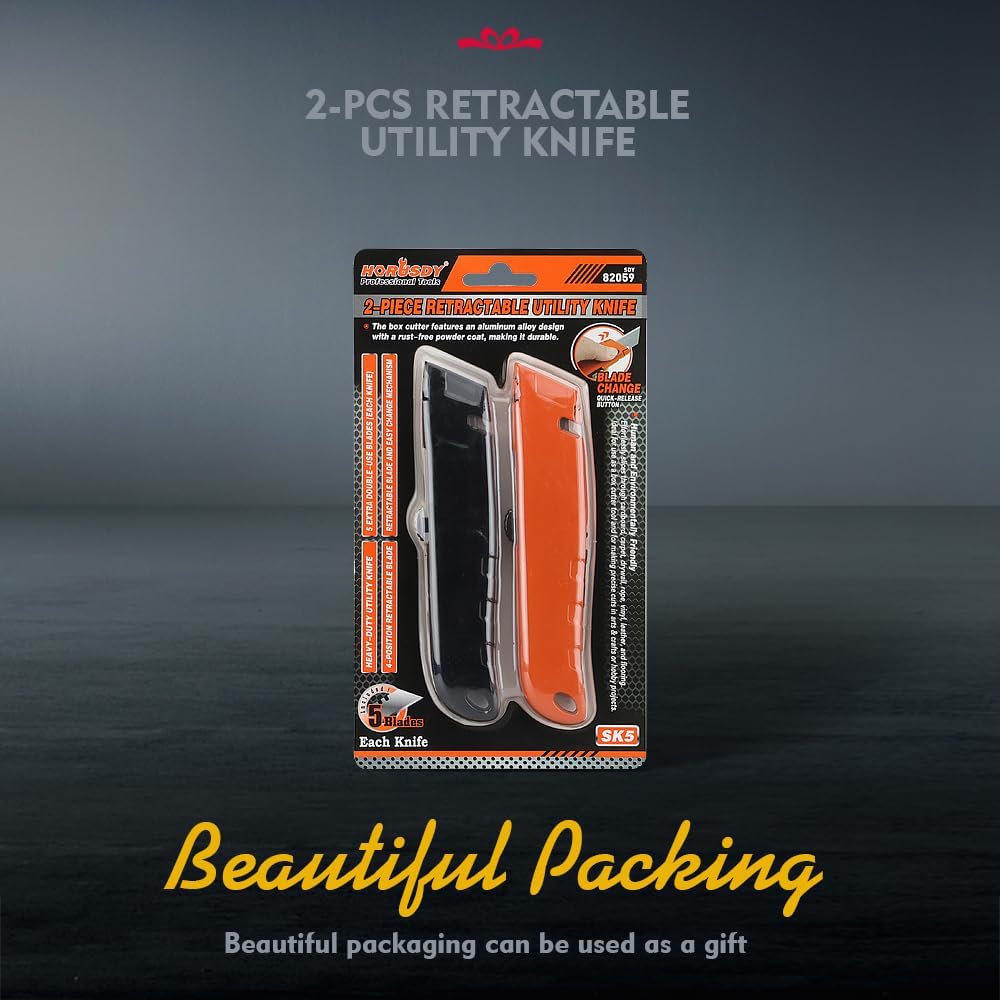 2-Pack Box Cutter Utility Knife, Heavy Duty Aluminum Shell Retractable Box Cutter for Cardboard, Boxes and Cartons, Extra 10 Blades.
