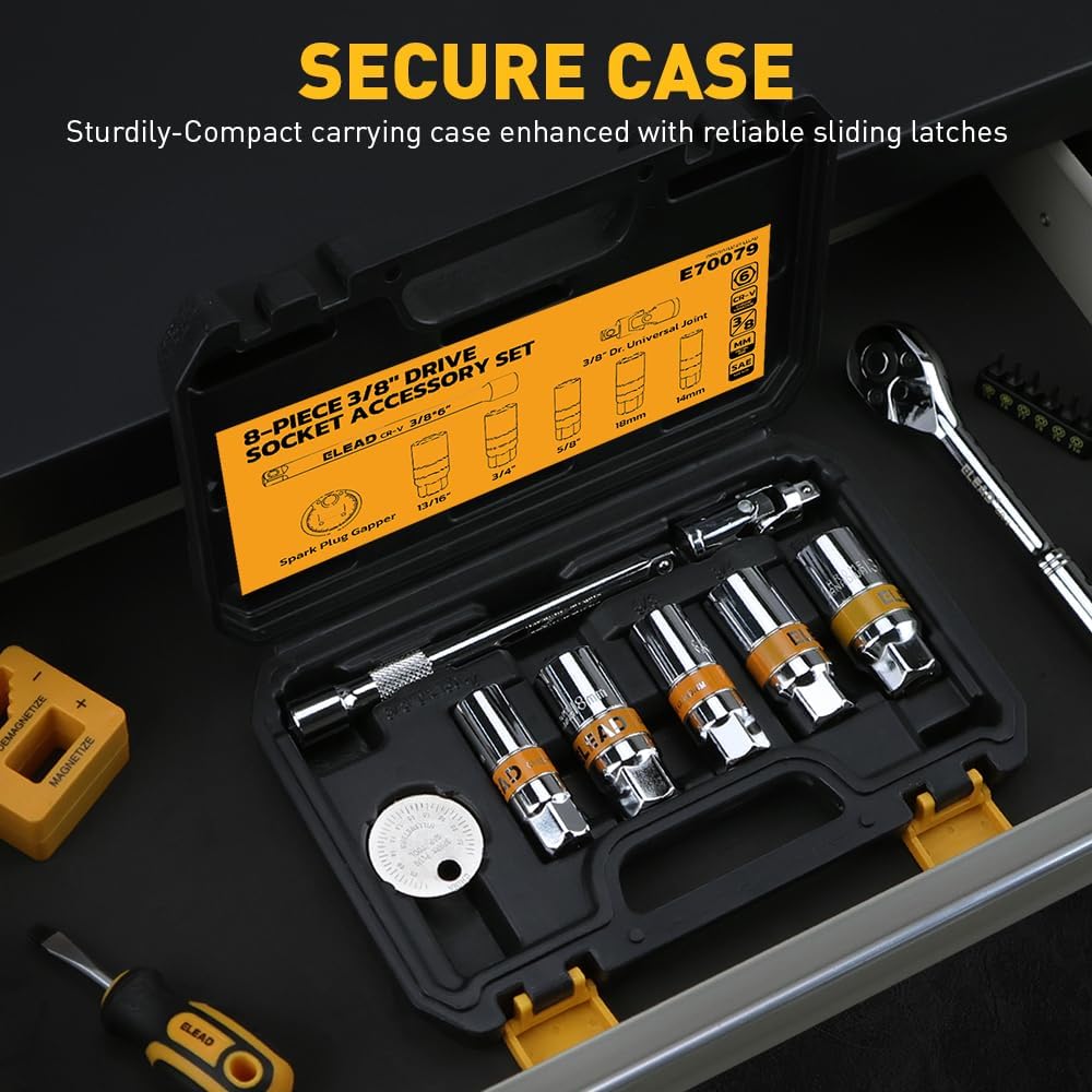 E70079 - 8-Piece 3/8" Drive Spark Plug Socket Set with Universal Joint, Spark Plug Gapper and 6" Extension Bar, SAE & Metric, 5/8", 3/4", 13/16", 14mm, 18mm, CR-V Sockets with Rubber Holding Rings