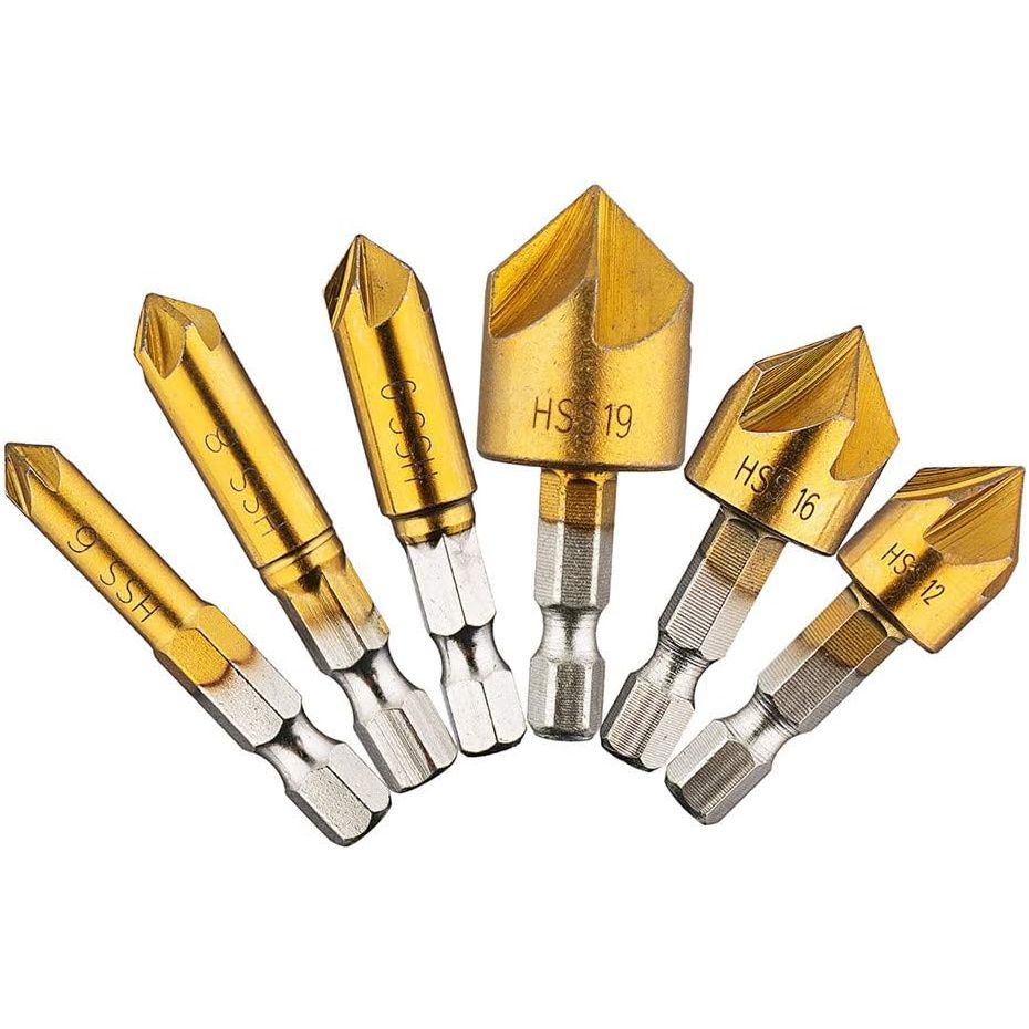 6pcs 6mm-19mm 5 Groove Countersink Bit Set 90 Counter Sink Chamfer Cutter 1/4" Hex Shank