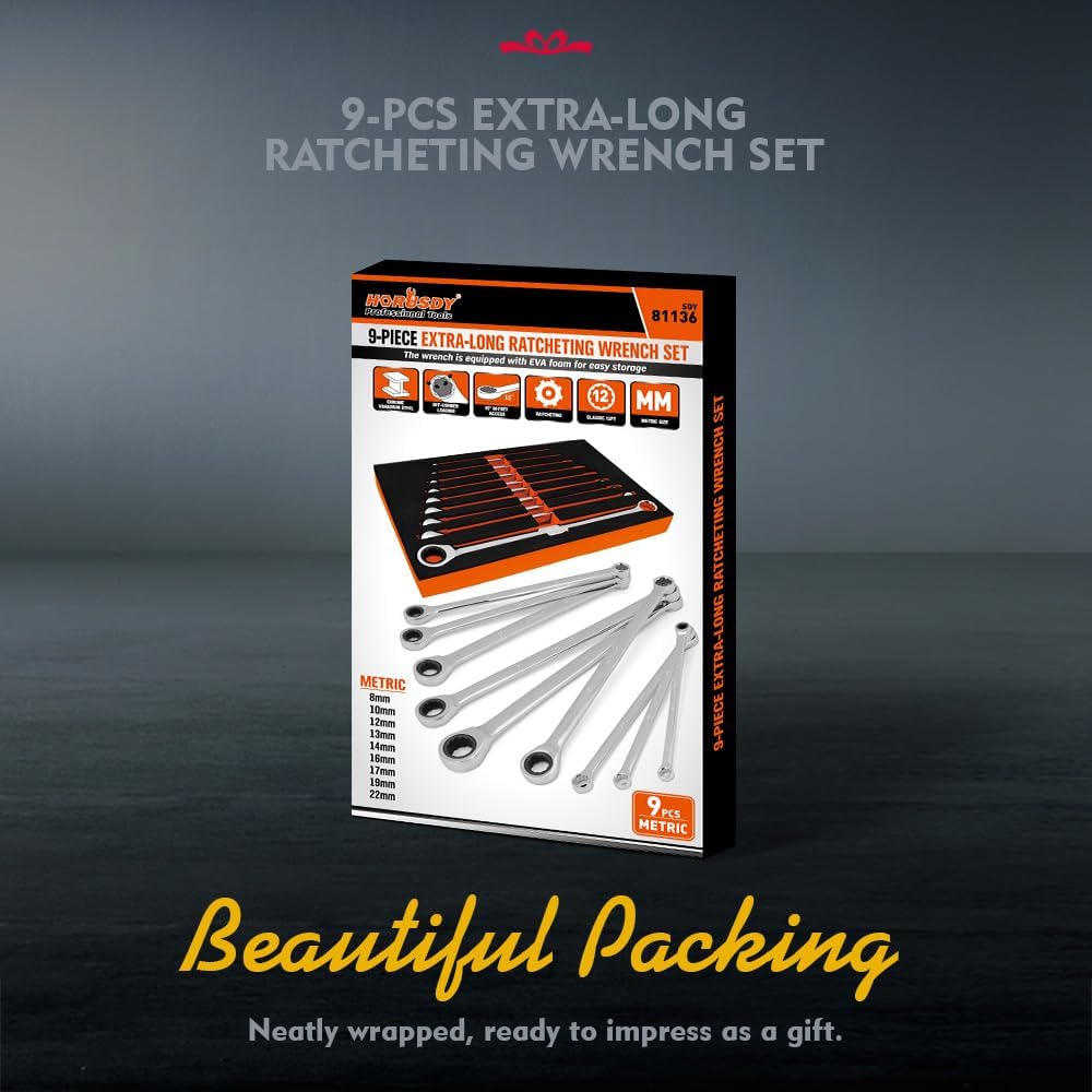 9-Piece Extra Long Ratchet Spanner Set, Double Ring Ratcheting Spanners, Metric 8-22MM Spanner Set CRV with Storage Foam for Tool Box Chest Drawer - South East Clearance Centre